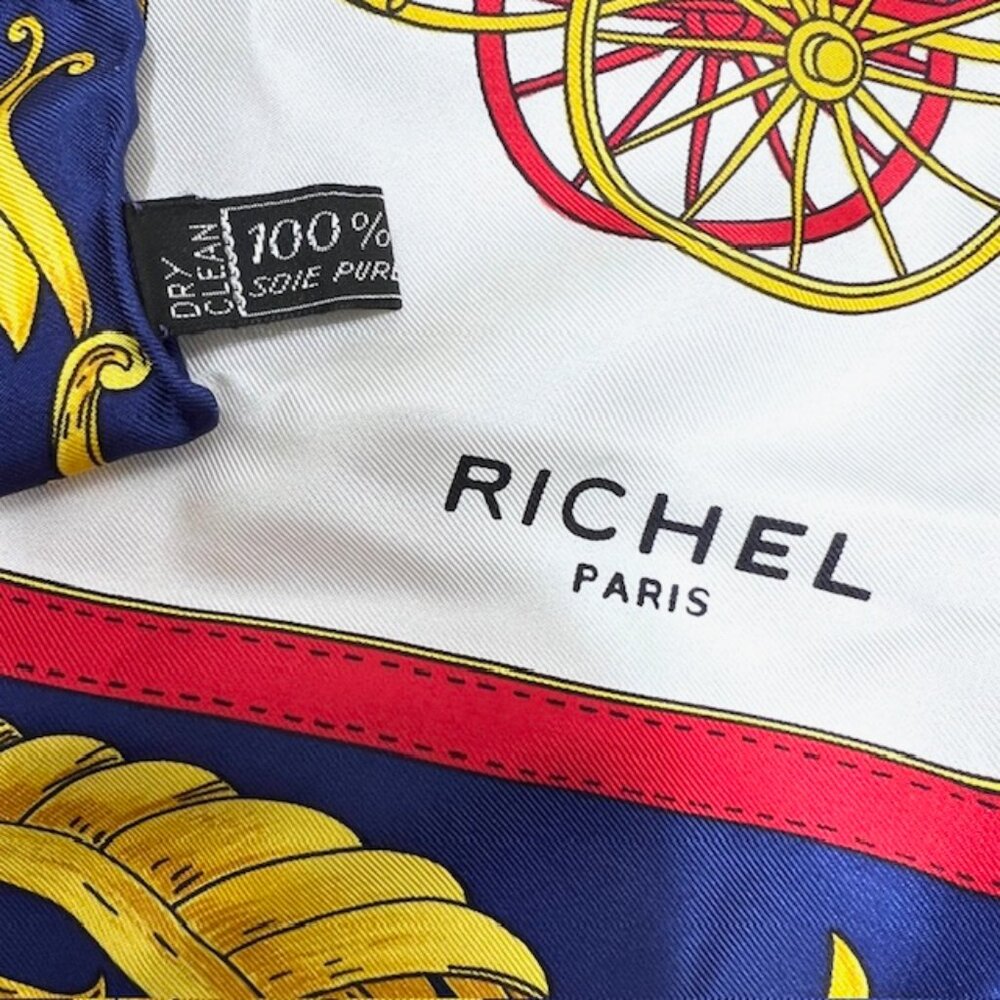 RICHEL Paris Silk Satin Scarf 34" blue gold white horse carriage, Italy Made(57 - Picture 6 of 9